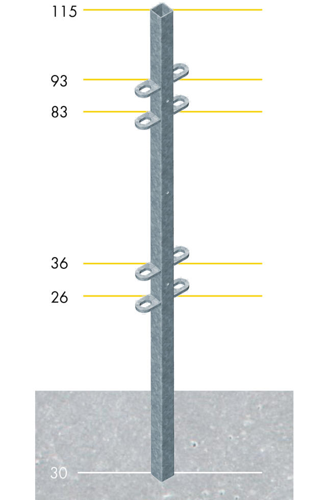 Panel mit 18 senkrechten Streben und zwei dreieckigen Kettenhalter auf der linken Seite, ein kleiner Bogen am unteren Ende auf beiden Seiten, schematische Skizze