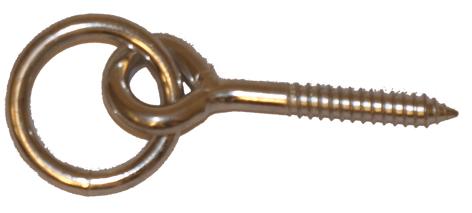 Eine messing-farbene Ringösenschraube mit Holzgewinde und darin befestigter Metallring in der Seitenansicht