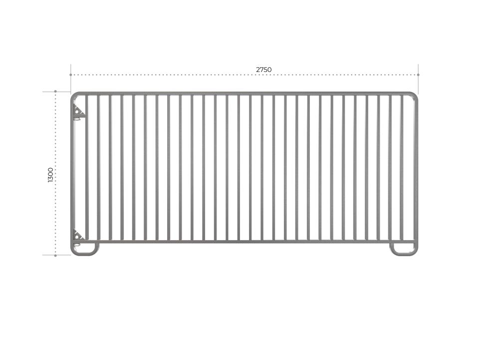 Panel mit 28 senkrechten Streben und zwei dreieckigen Kettenhalter auf der linken Seite, ein kleiner Bogen am unteren Ende auf beiden Seiten, schematische Skizze