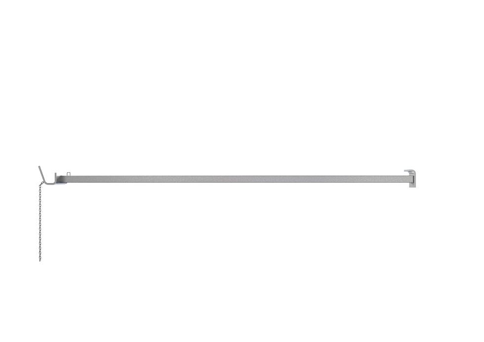 Eine lange Stange mit U-Profil zum Einhängen von Panels, sowie Kette zur Fixation an einem Ende und einem Falcheisenwinkel am anderen Ende, schematische Zeichnung, seitliche Ansicht